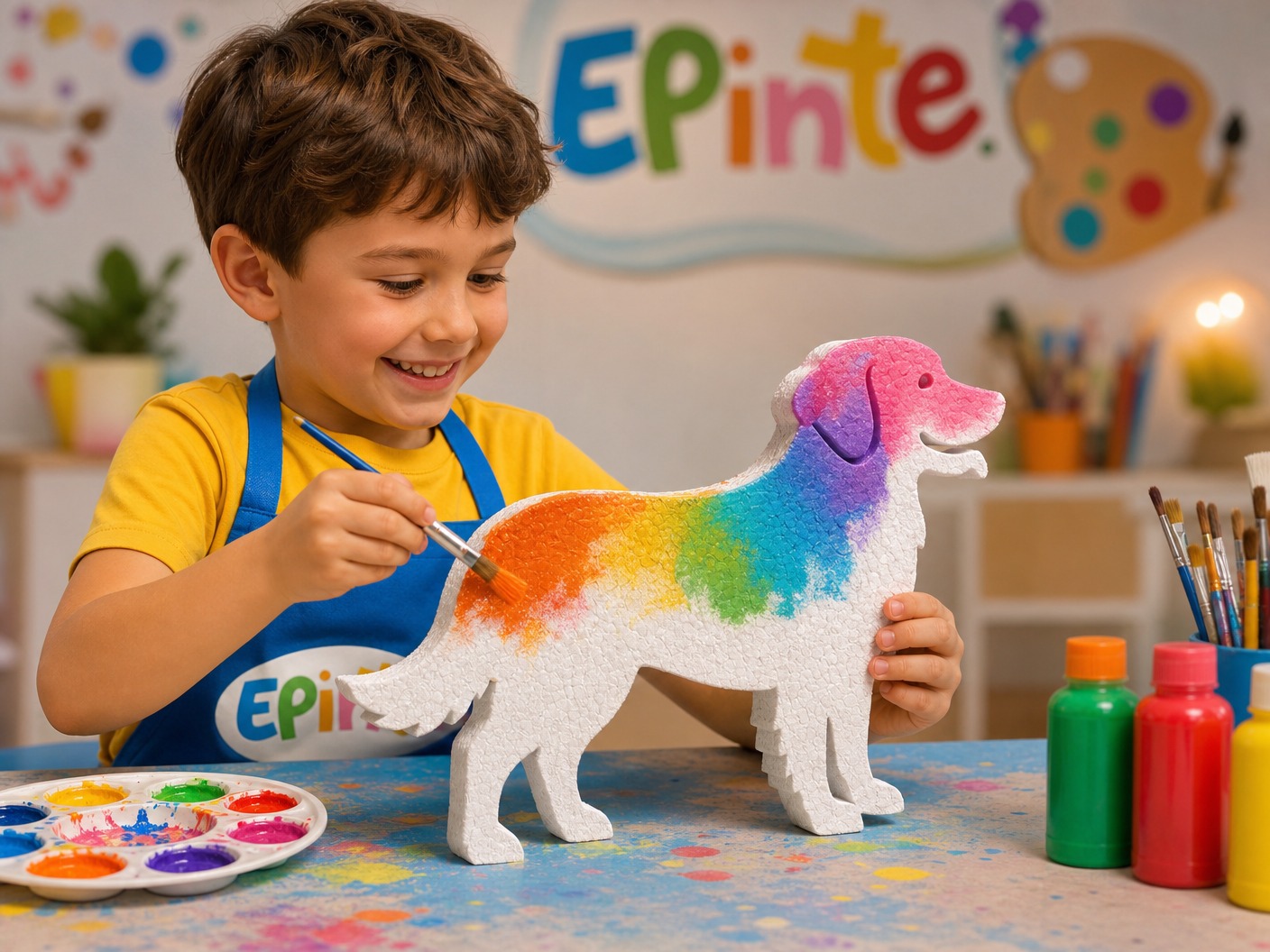 Criança pintando uma peça de cachorro Epinte